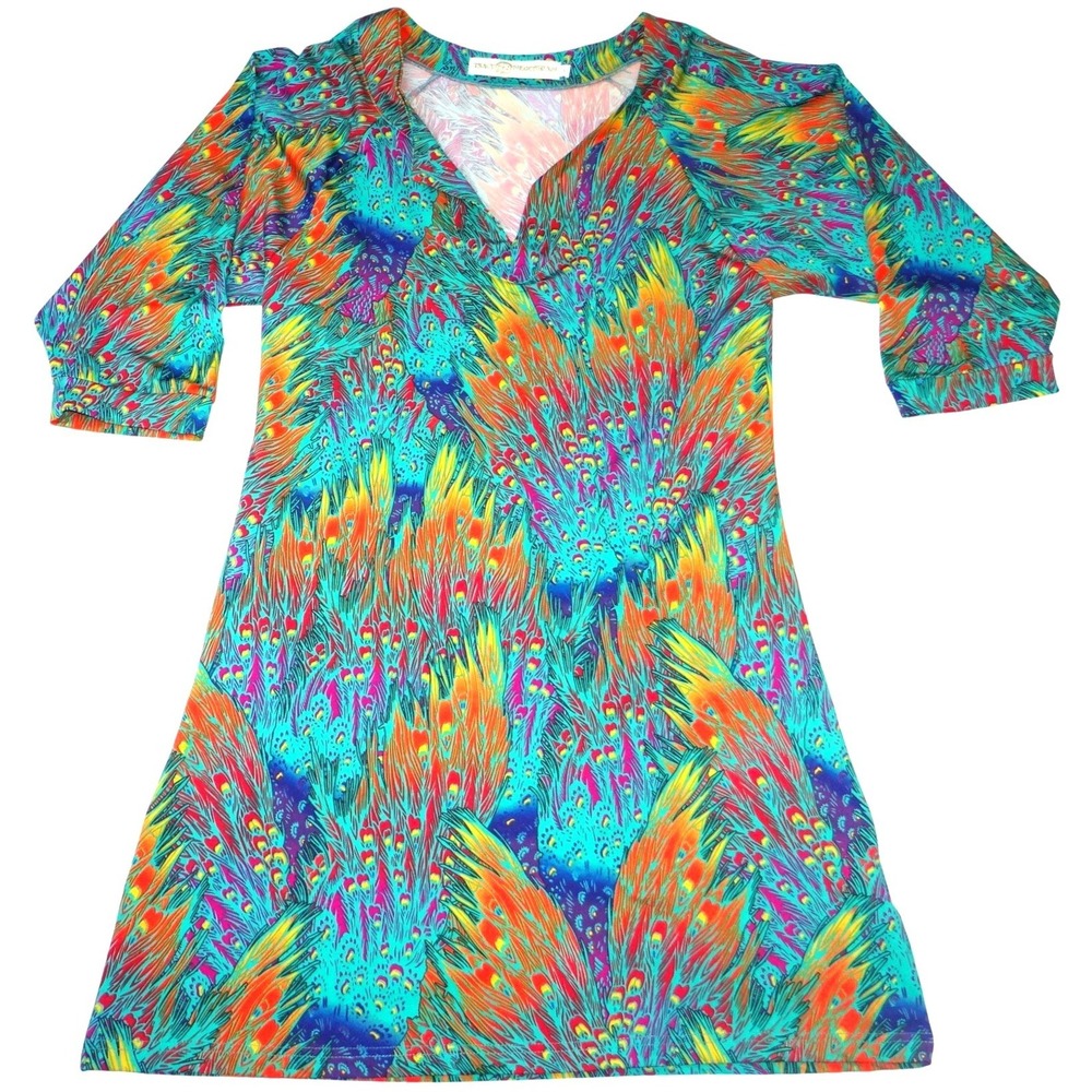 Tracy Negoshian Peacock Feather Print V Neck 3/4 Sleeve Mini Dress Size L